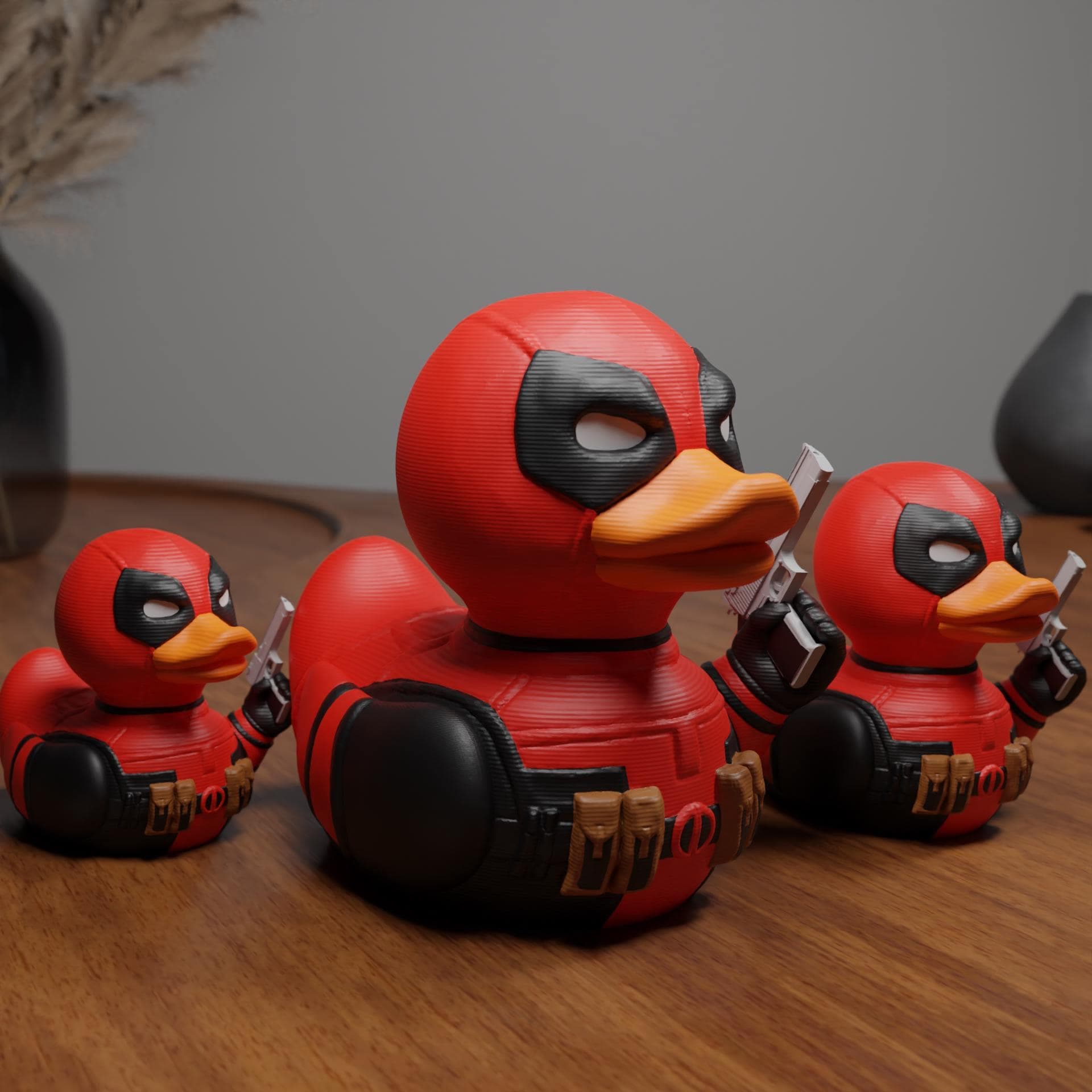 Deadpool Duck figurine in small, medium, and large sizes (4 cm, 7 cm, 10 cm), funny superhero desk decor, comic book shelf ornament, rubber duck alternative, 3D printed, pop culture gift, home or office decoration