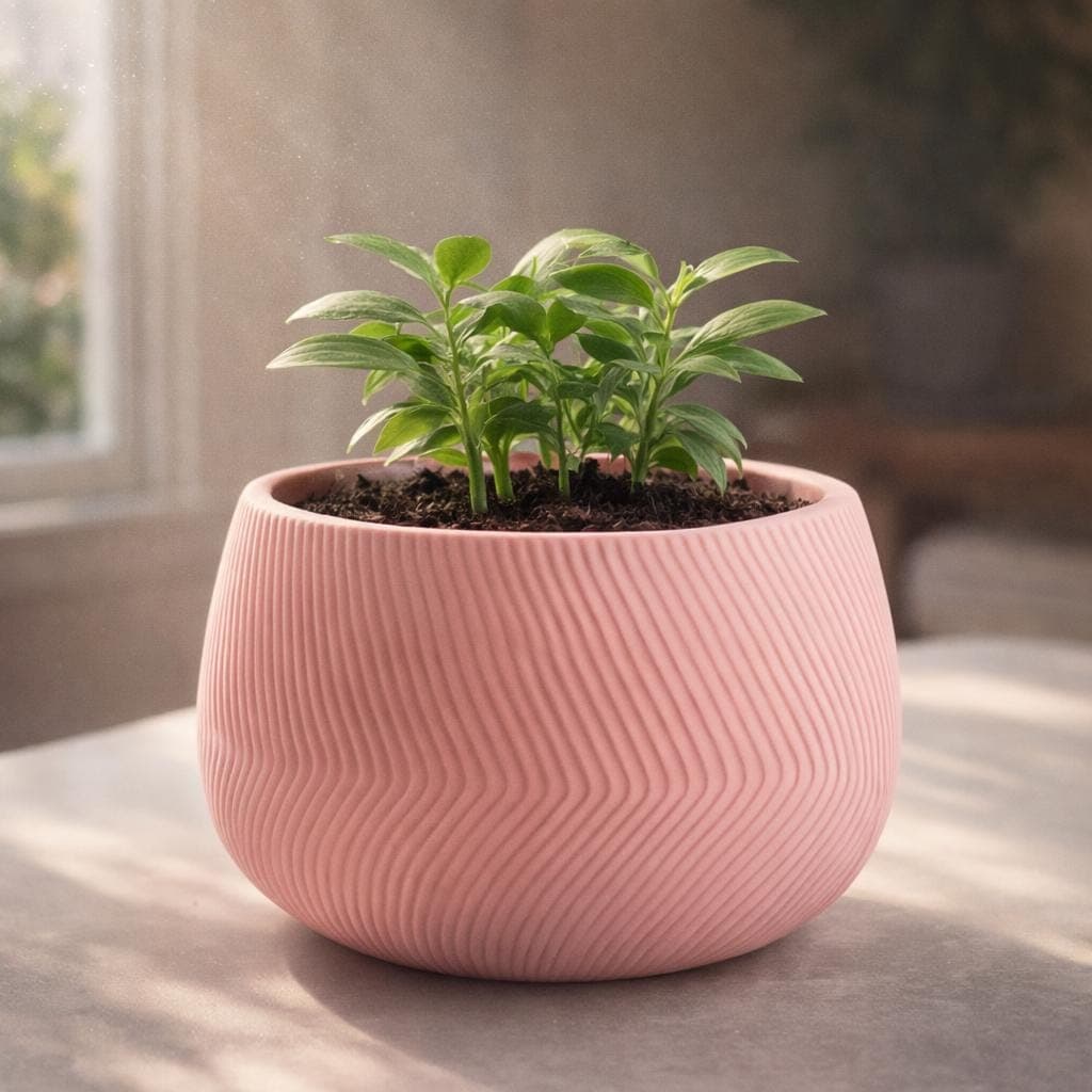 Pink Modern Plant Pot – 3D Printed Textured Planter – Minimalist Indoor Flower Pot – Contemporary Matte Home Decor