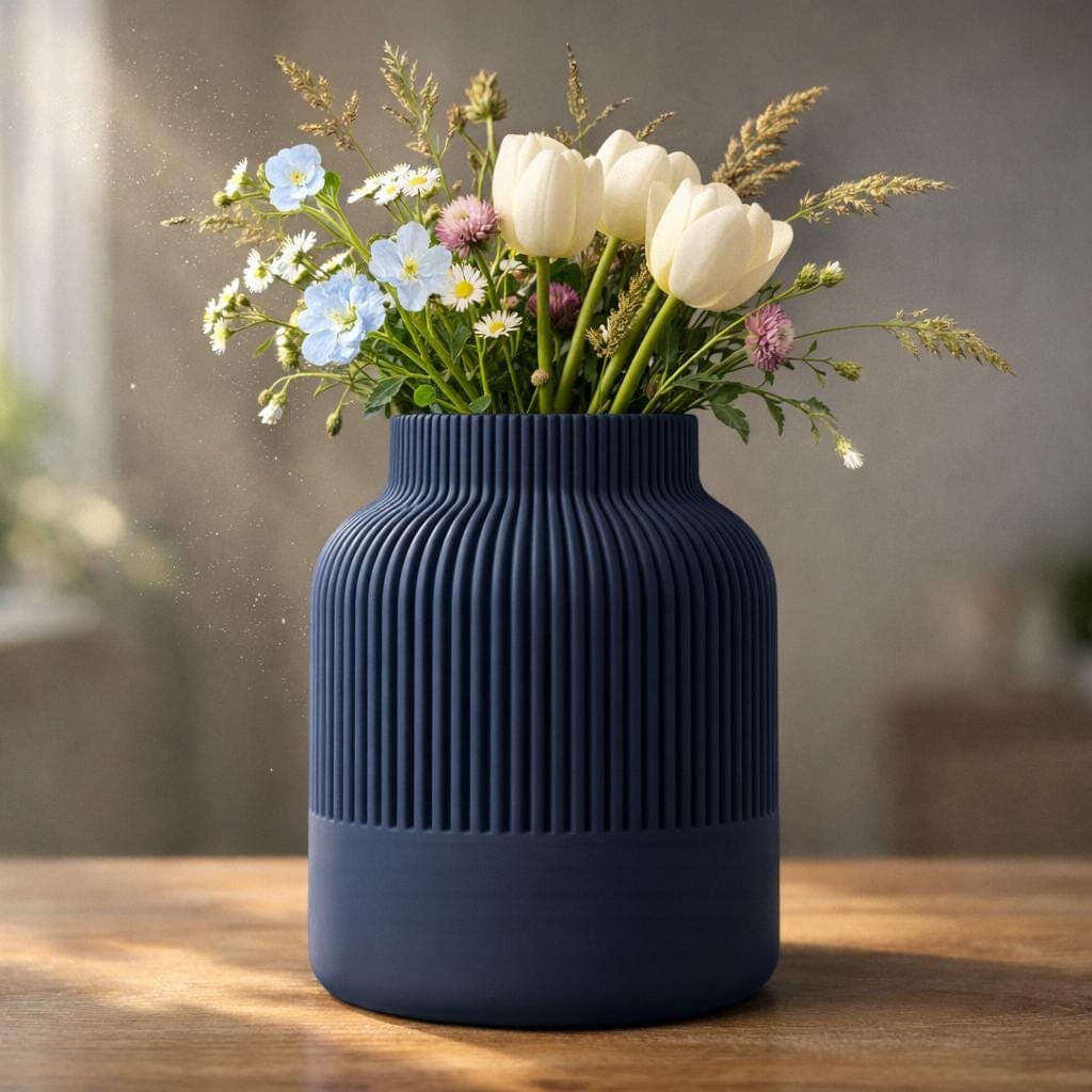 Modern Navy Ribbed Vase – 3D Printed Sculptural Flower Vase – Contemporary Minimalist Home Decor
