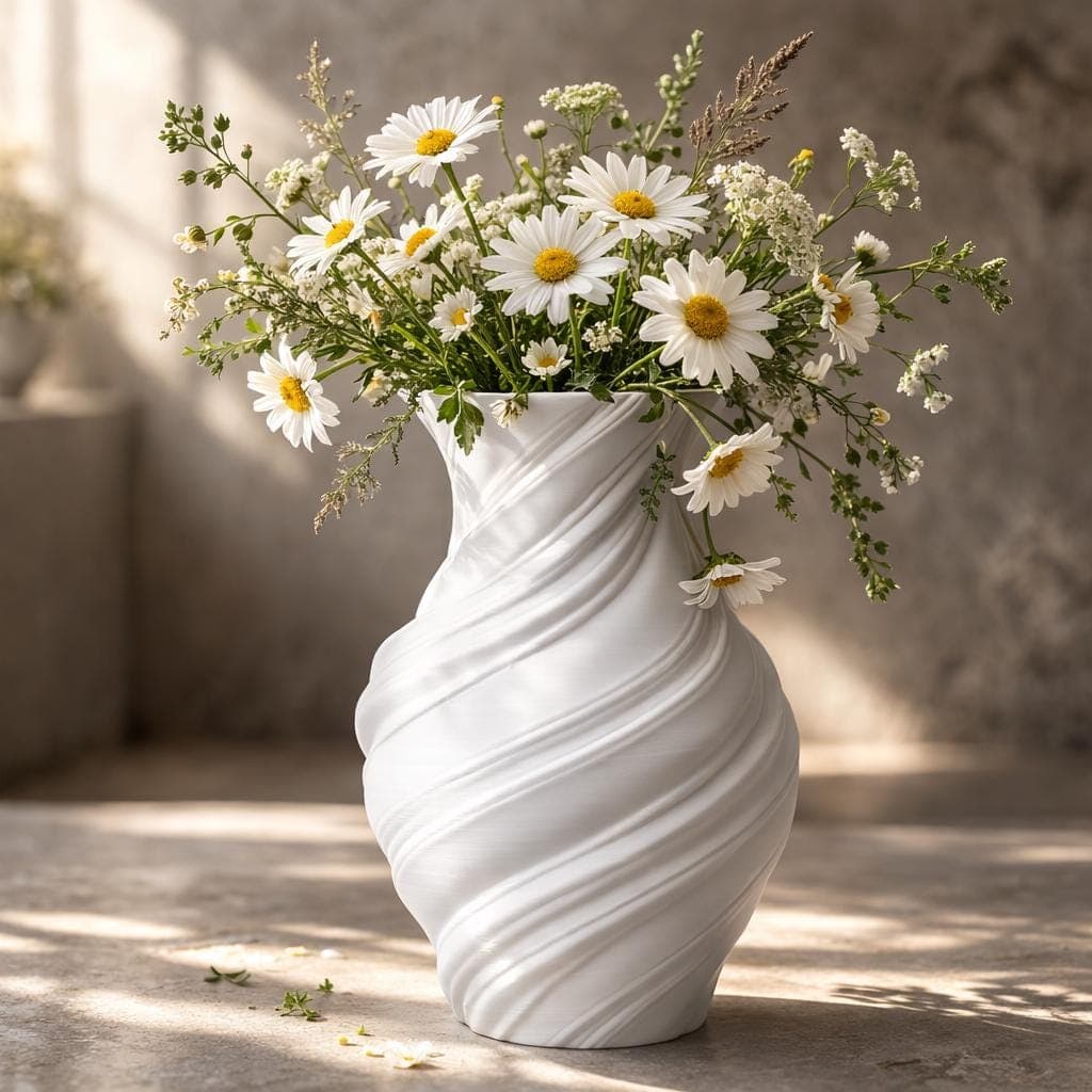 White Twisted Sculptural Vase – Modern 3D Printed Spiral Flower Vase – Minimalist Home Decor – Matte Designer Vase