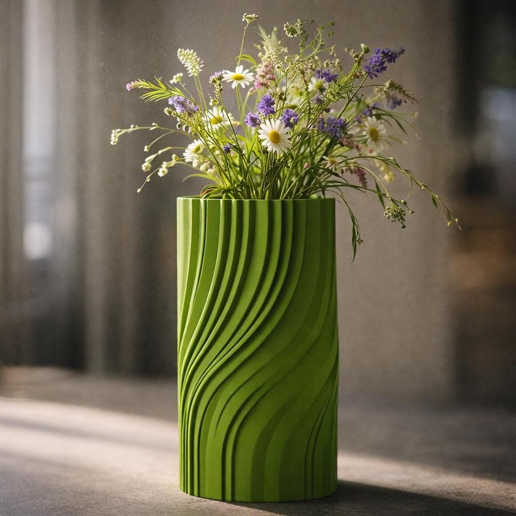 Green Sculptural Cylinder Vase – Modern 3D Printed Designer Vase – Contemporary Statement Flower Vase – Matte Home Decor