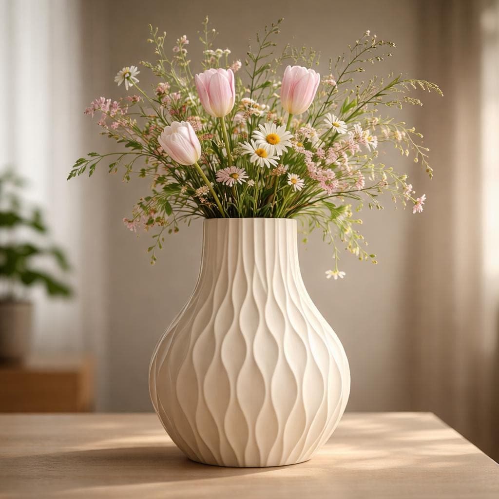 Beige Wavy Sculptural Vase – Modern 3D Printed Flower Vase – Minimalist Japandi Home Decor – Matte Designer Vase