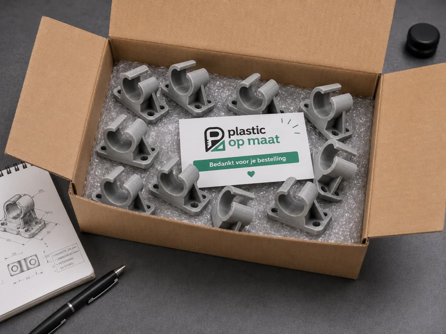 Doos met 3D-geprinte kabelclips, zorgvuldig verpakt en klaar voor levering