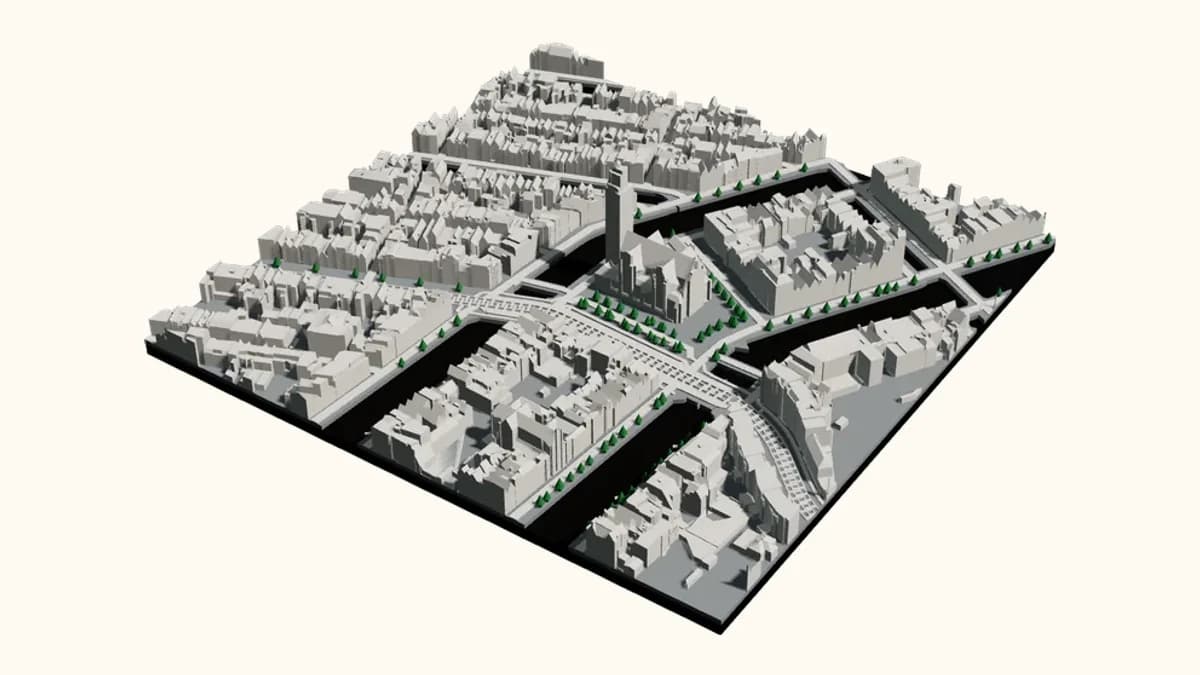 3D-geprint stadsmodel van Amsterdam, rond Westermarkt 74, gerenderd in onze eigen viewer