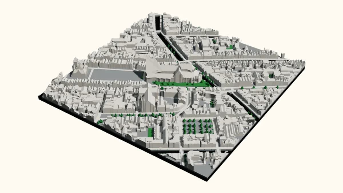 3D-geprint stadsmodel van Delft, rond Kerkstraat 14, gerenderd in onze eigen viewer
