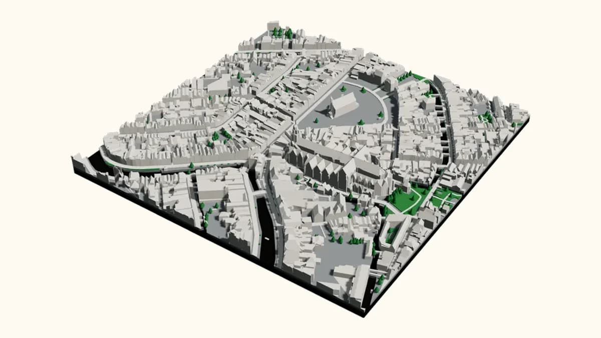 3D-geprint stadsmodel van Gouda, rond Markt 1, gerenderd in onze eigen viewer