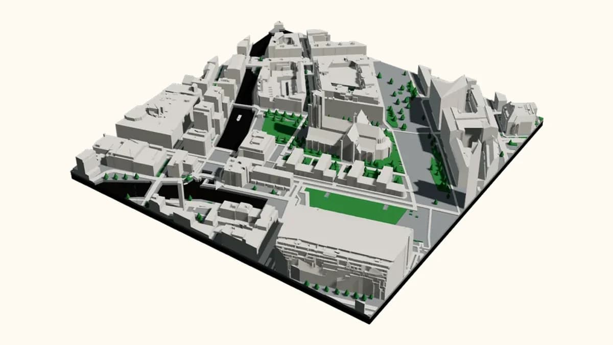 3D-geprint stadsmodel van Rotterdam, rond Grotekerkplein 15, gerenderd in onze eigen viewer