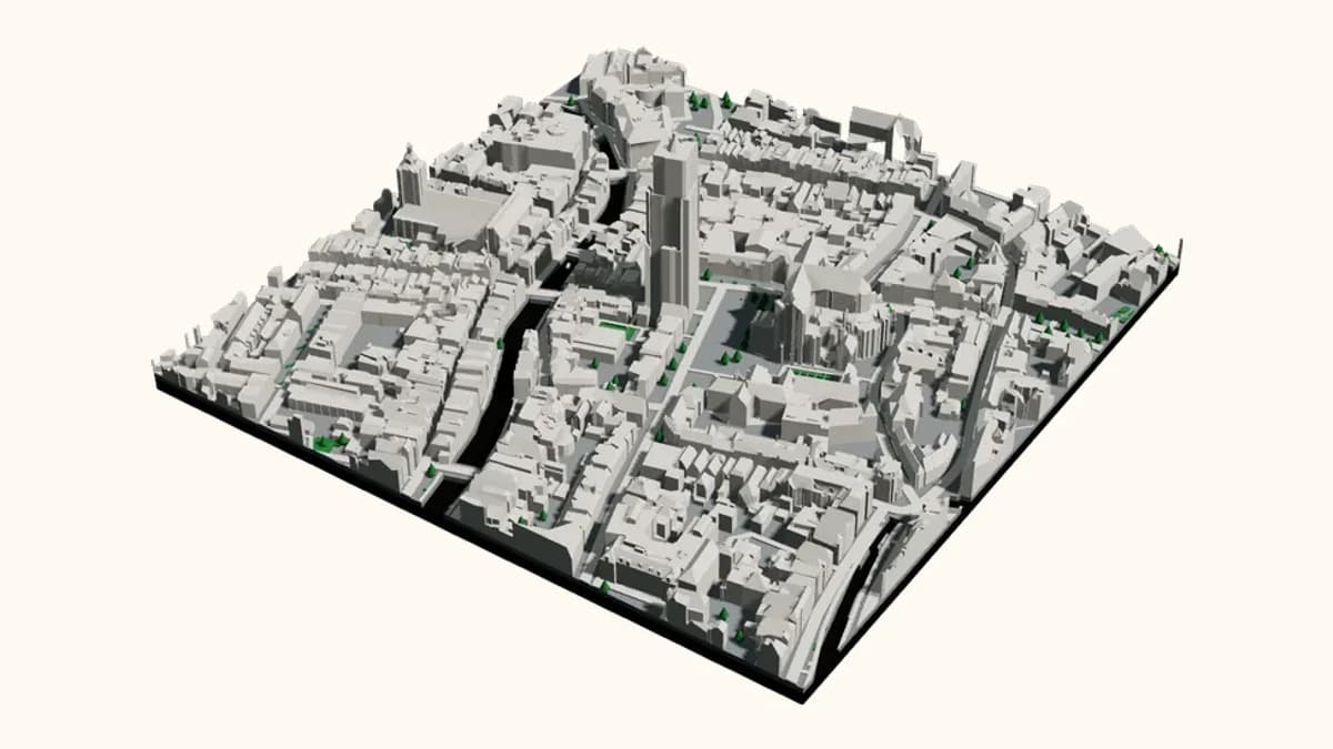 3D-geprint stadsmodel van Utrecht, rond Domplein 21, gerenderd in onze eigen viewer