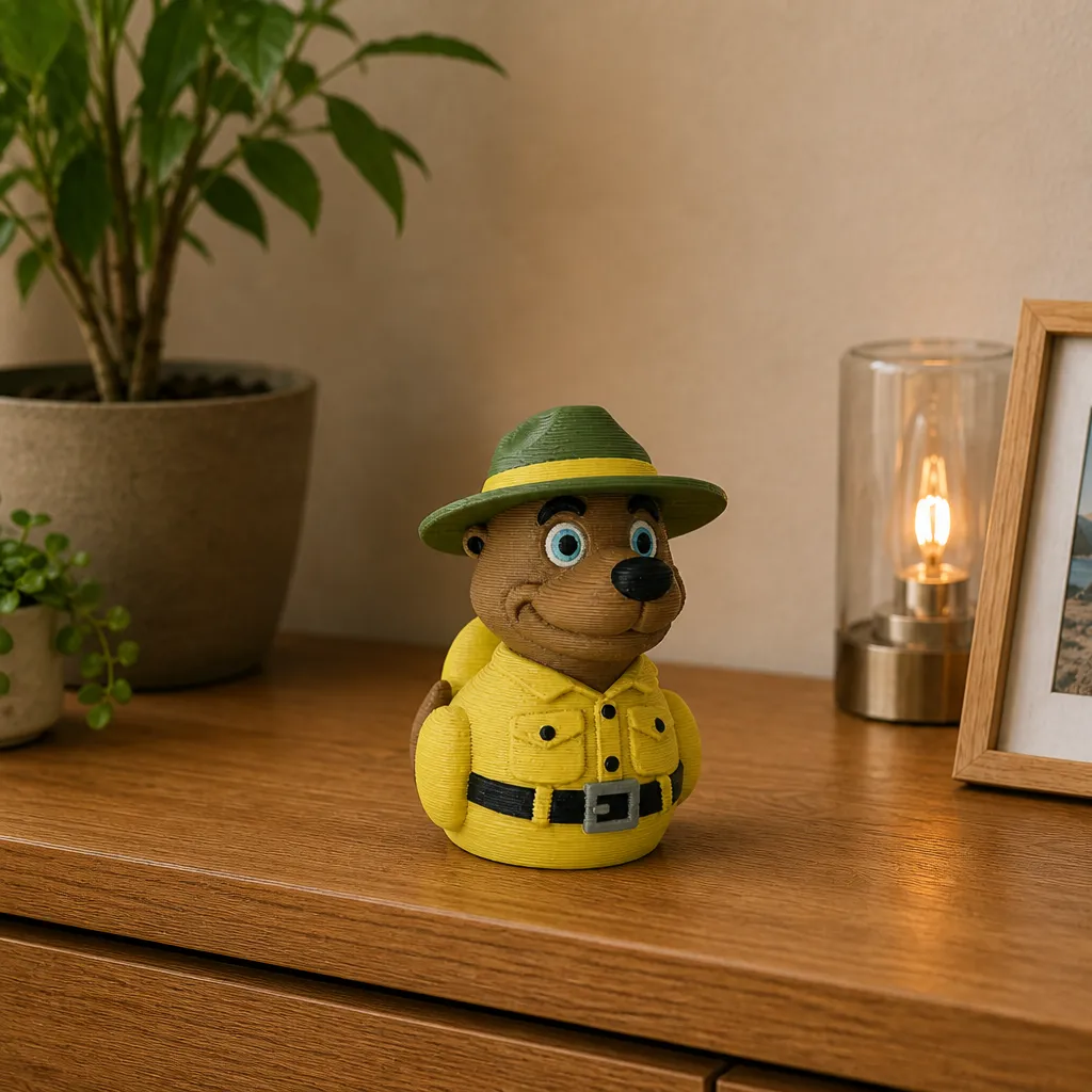 Bollo eend boswachter decoratie met groene hoed en gele jas, staand op een houten bureau naast een lamp.