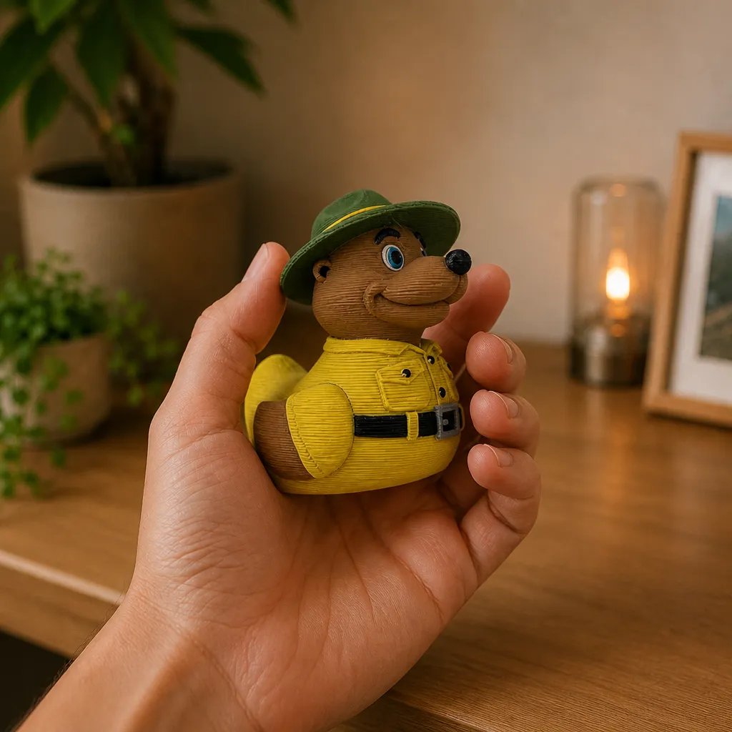 Bollo eend boswachter decoratie in een hand, met zichtbaar profiel, groene hoed, blauwe ogen en zwarte riem.
