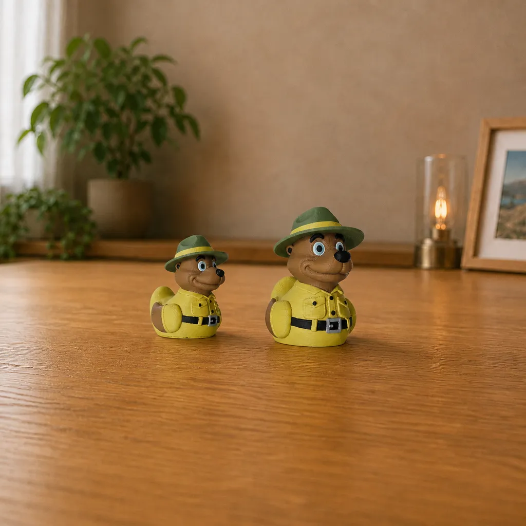 Twee Bollo eend boswachter decoraties naast elkaar op een houten tafel, waarbij het linker exemplaar kleiner is.