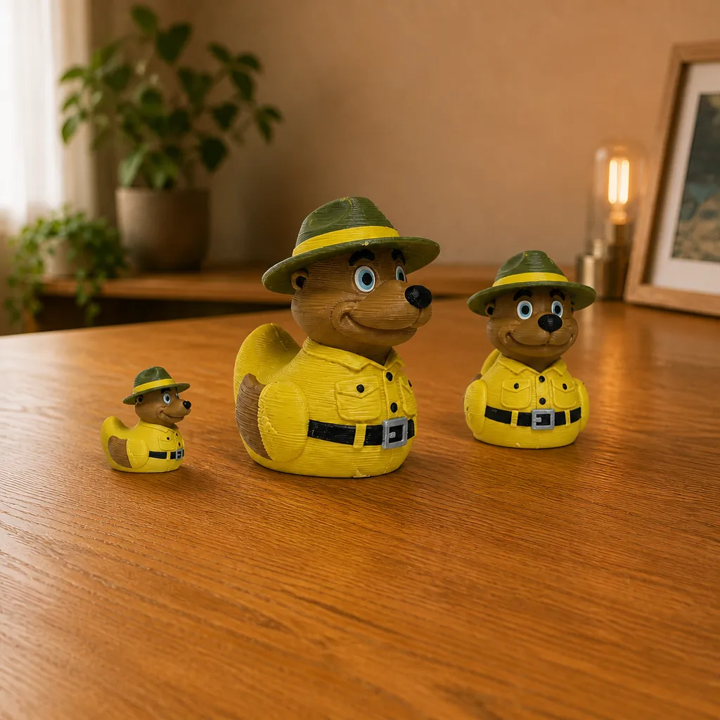 Drie Bollo eend boswachter decoraties op tafel, opgesteld van klein naar groot met gele jasjes en groene hoeden.