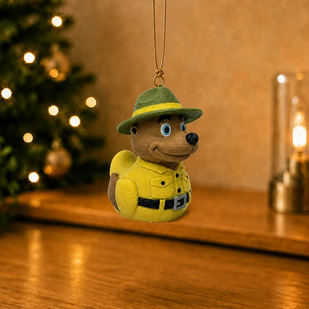 Bollo eend boswachter decoratie hangt aan een goudkleurig koord voor een verlichte kerstboom en een houten bureau.