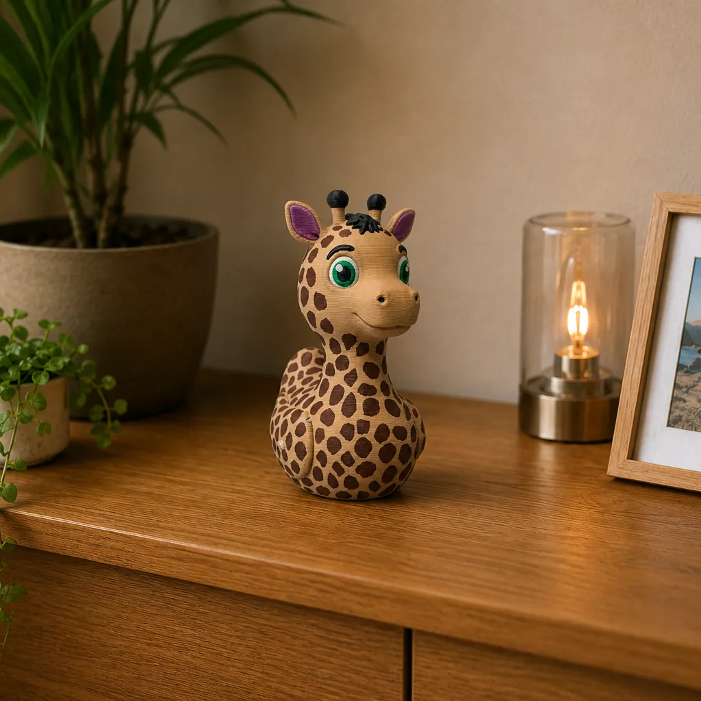 3D Printed Giraffe Duck Figurine met groene ogen en bruine vlekken op een houten kast.