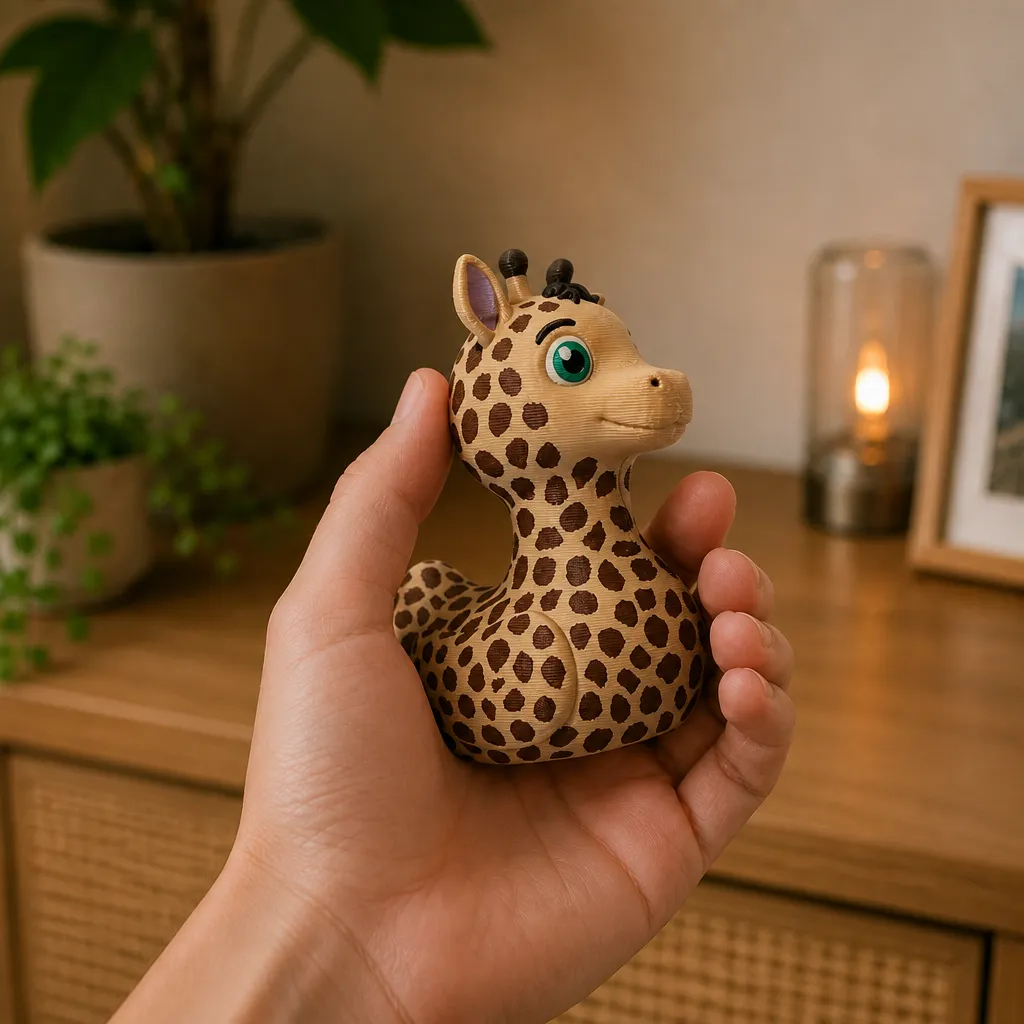 3D Printed Giraffe Duck Figurine in een hand, met zichtbaar eendvormig lijf en lange giraffennek.