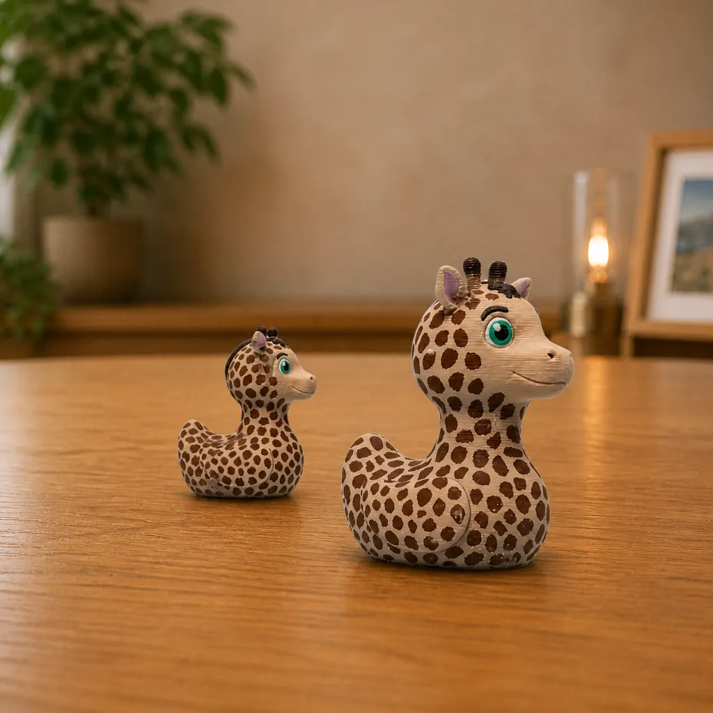 Twee 3D Printed Giraffe Duck Figurines op een houten tafel, waarbij de grootste vooraan staat.