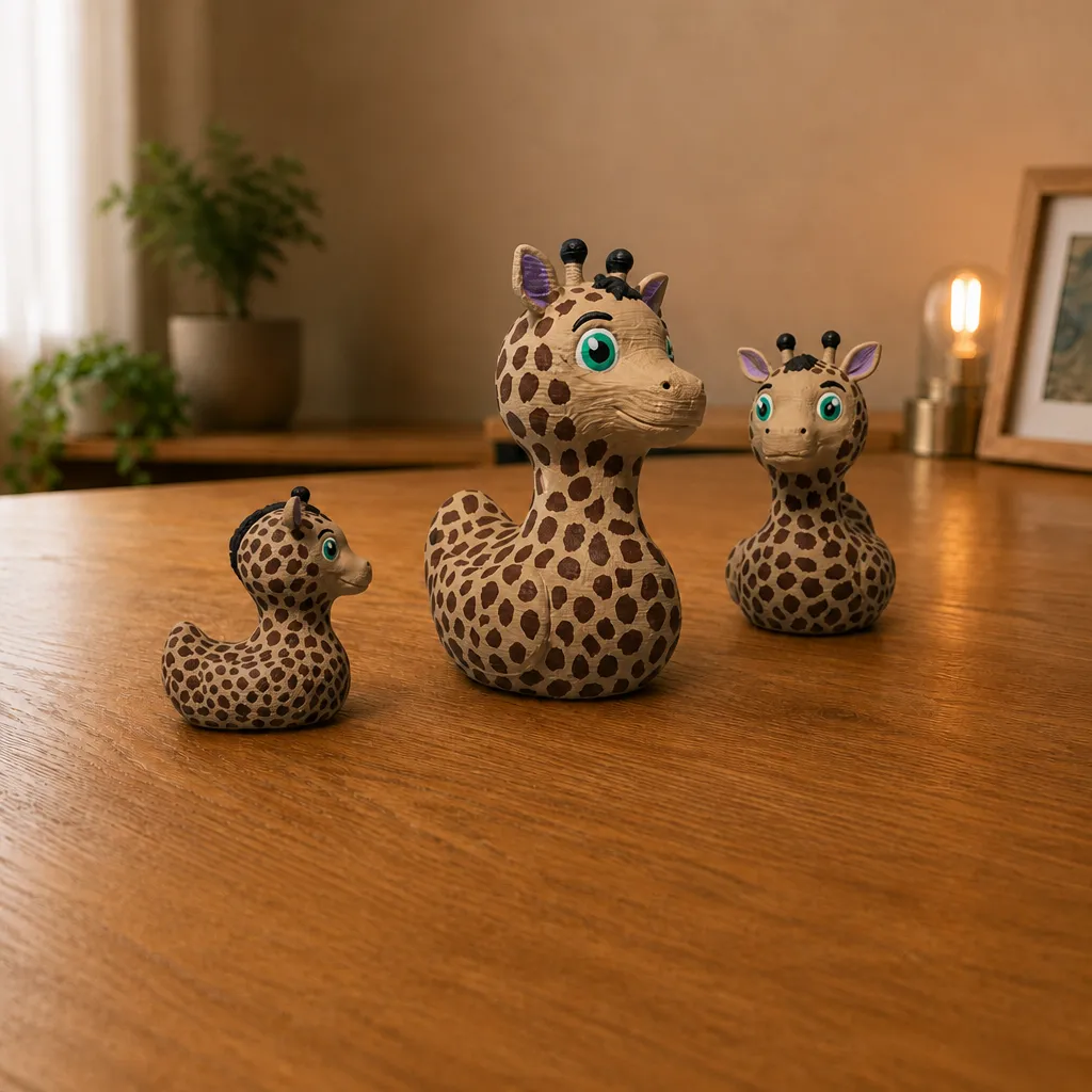 Drie 3D Printed Giraffe Duck Figurines in oplopende grootte, gegroepeerd op een houten tafel.