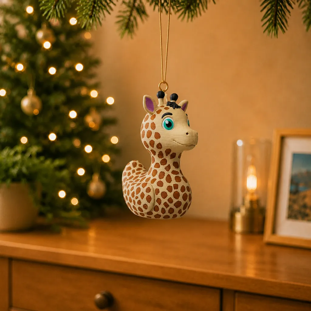3D Printed Giraffe Duck Figurine die aan een goudkleurig koord voor een verlichte kerstboom hangt.