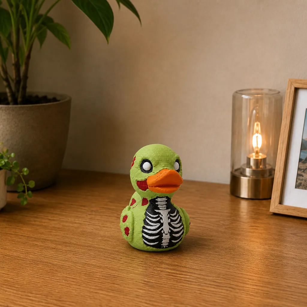 Zombie eend decoratie rechtop op een houten bureau, met een brandende lamp en plant op de achtergrond.
