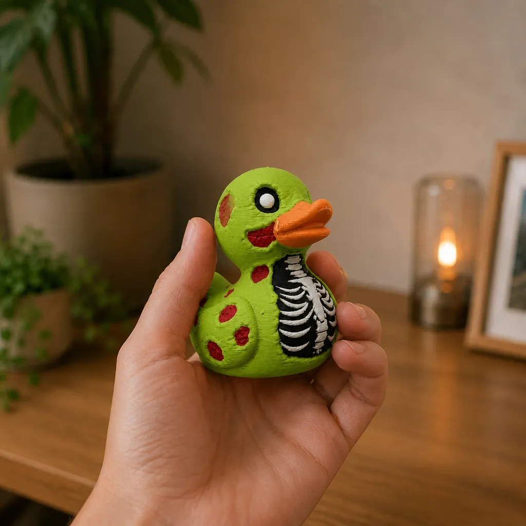 Zombie eend decoratie in een hand gehouden, met donker oog, oranje snavel, rode vlekken en botwitte ribben op de buik.