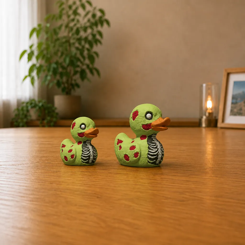 Twee appelgroene zombie eenden naast elkaar op een houten bureau, waarbij de rechtere eend groter is dan de linker.