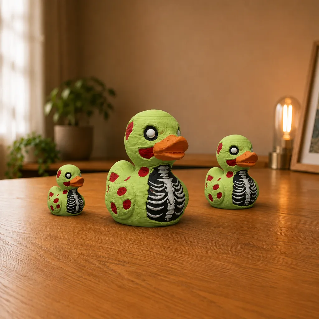 Drie zombie eend decoraties op een houten bureau, gerangschikt van klein naar groot met de ribbenkasten naar voren.