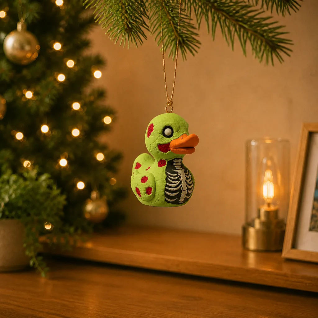 Zombie eend decoratie hangt aan een gouden koord onder een dennentak met warme lichtjes op de achtergrond.
