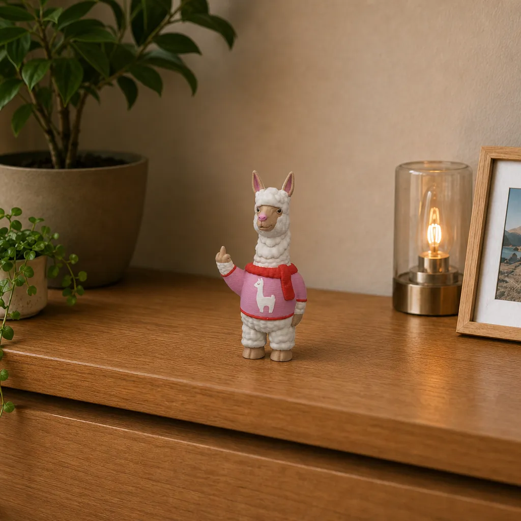 Kleine alpaca met middelvinger op een houten plank, naast een lamp en ingelijste foto.