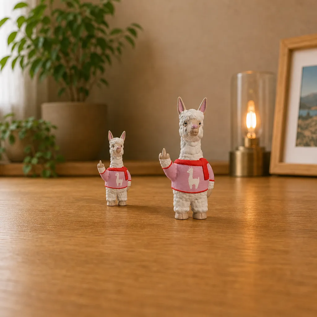 Twee witte alpaca-figuren met middelvinger en roze truien, naast elkaar op een houten plank.