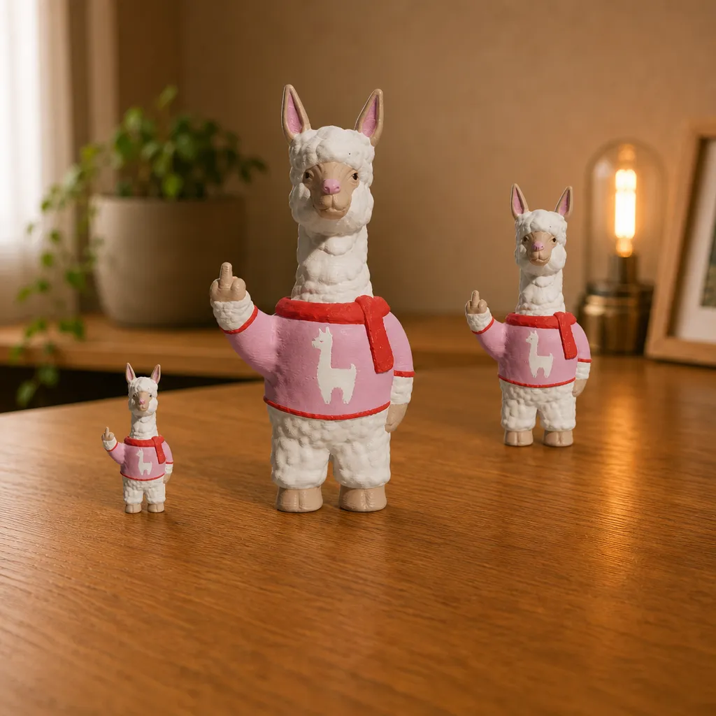 Drie alpaca's met opgestoken middelvinger en roze trui, van klein naar groot op een houten bureau.