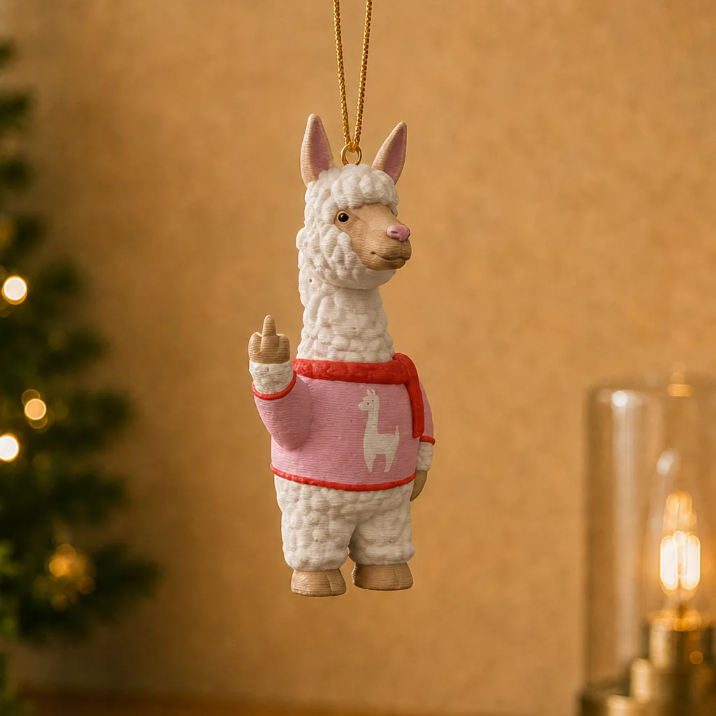 Witte alpaca met middelvinger en roze trui, hangend aan een goudkleurig koord.