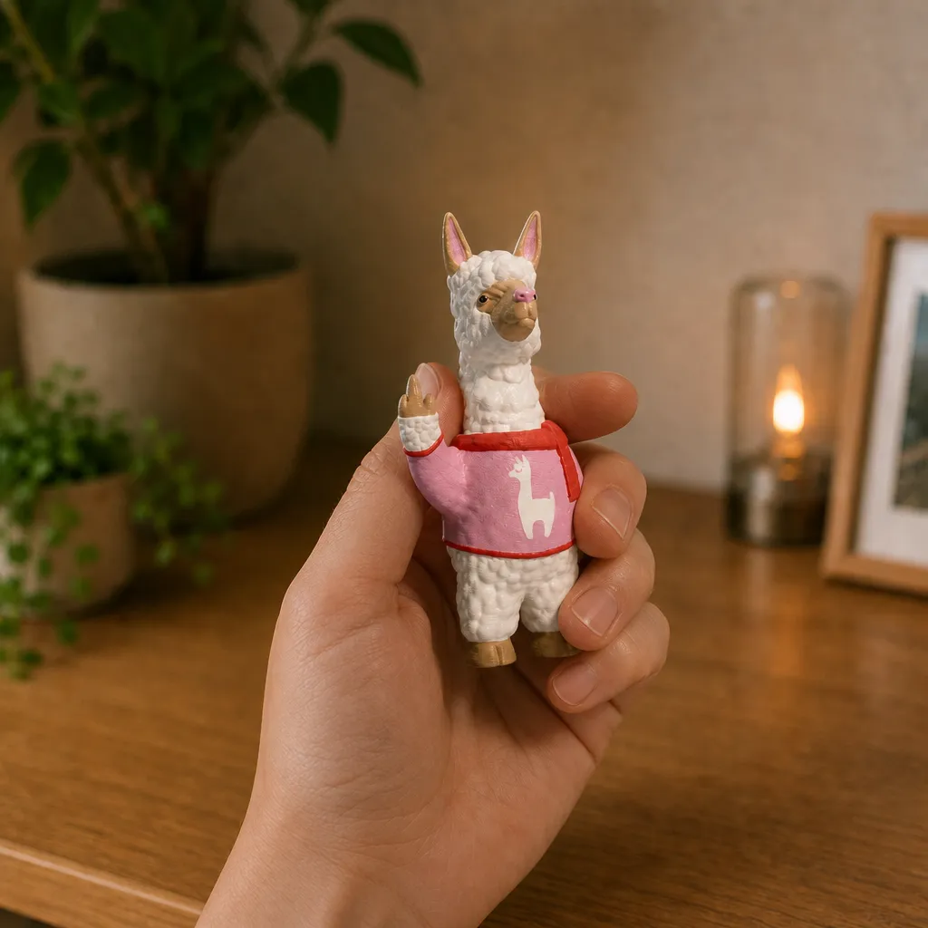 Alpaca voor bureau met opgestoken middelvinger, vastgehouden in een hand voor een houten kast.