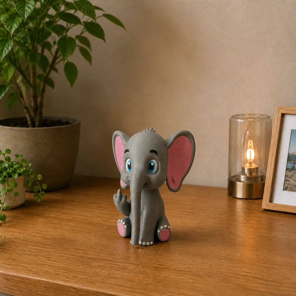 Babyolifant als kantoordecoratie op een houten bureau, met planten, lijstje en brandende lamp op de achtergrond.