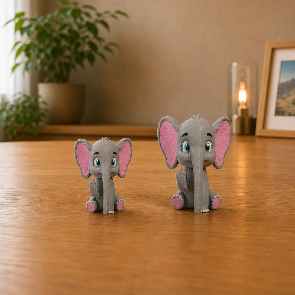 Twee grijze babyolifant-beeldjes van verschillende zichtbare omvang staan naast elkaar op een houten tafel.