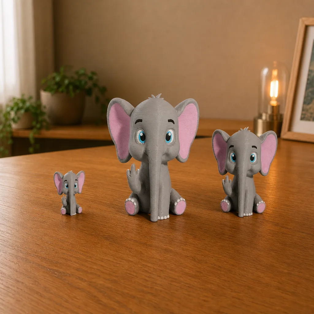 Drie asgrijze babyolifantjes staan naast elkaar op een houten plank, elk met roze oren en een opgestoken middelvinger.