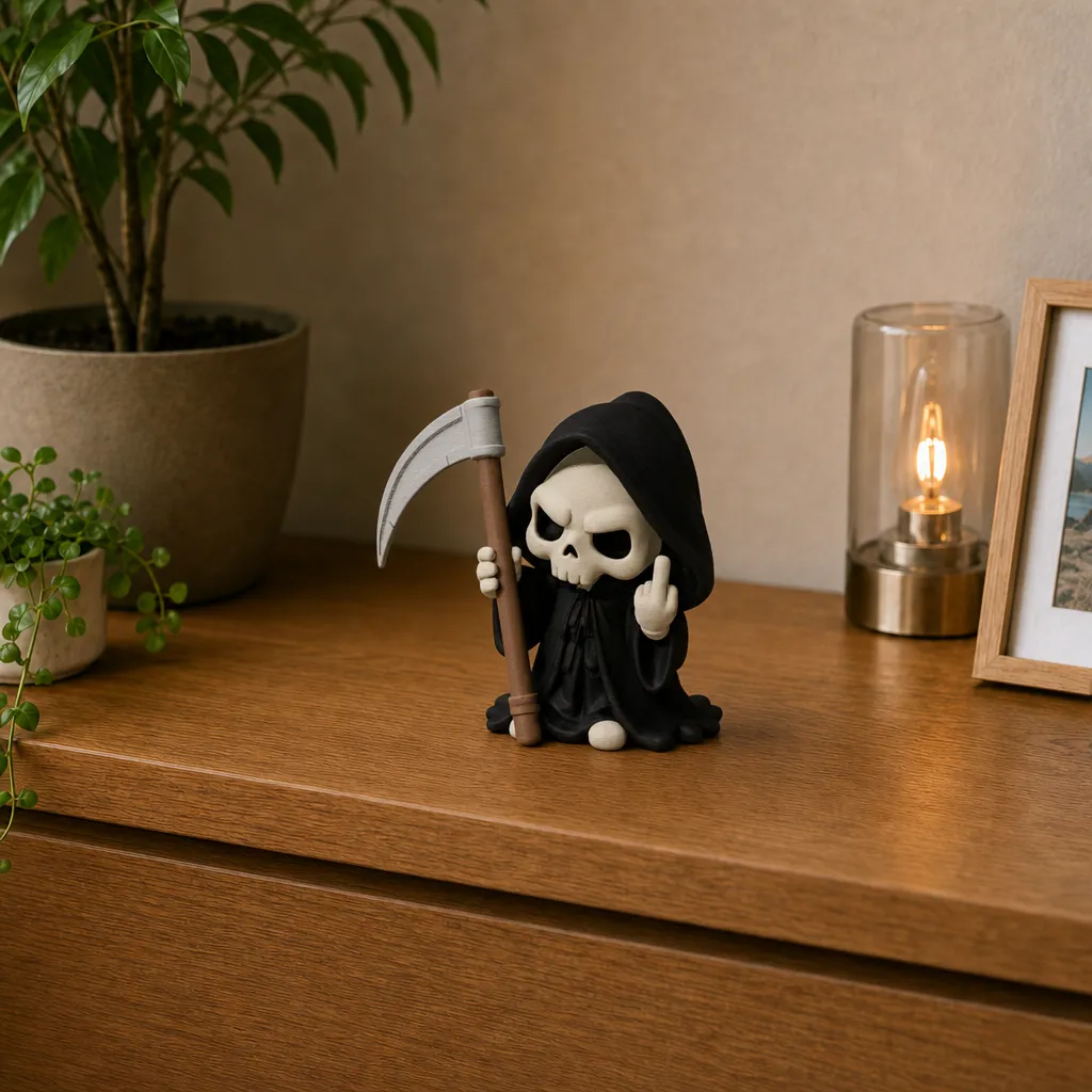Beeldje Magere Hein met attitude, stilte voor je bureau