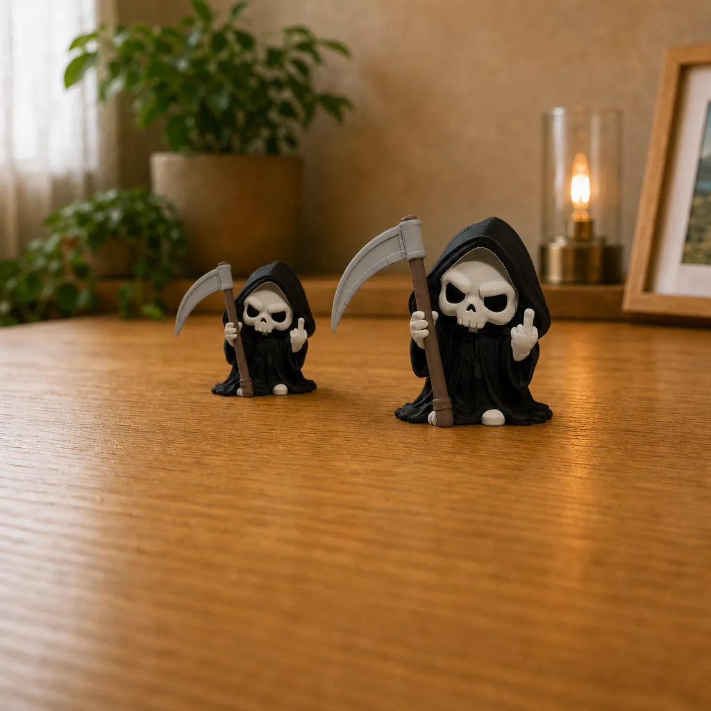 Beeldje Magere Hein met attitude, stilte voor je bureau