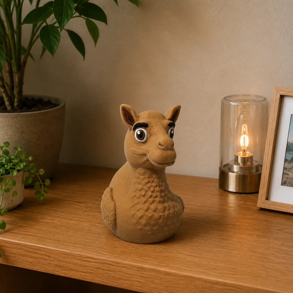 Caramelkleurige kameel-eend als bureaufiguurtje op een houten tafel, met grote ogen en geschubde borst.