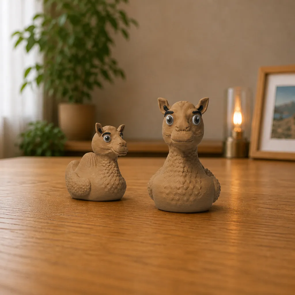 Twee caramelkleurige kameel-eend figuurtjes in verschillende formaten naast elkaar op een houten bureau.