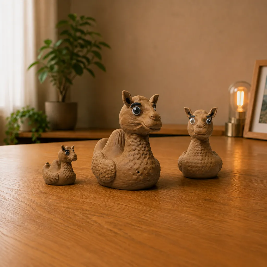 Drie kameel-eend figuurtjes op tafel, met een groot exemplaar centraal en twee kleinere ernaast.