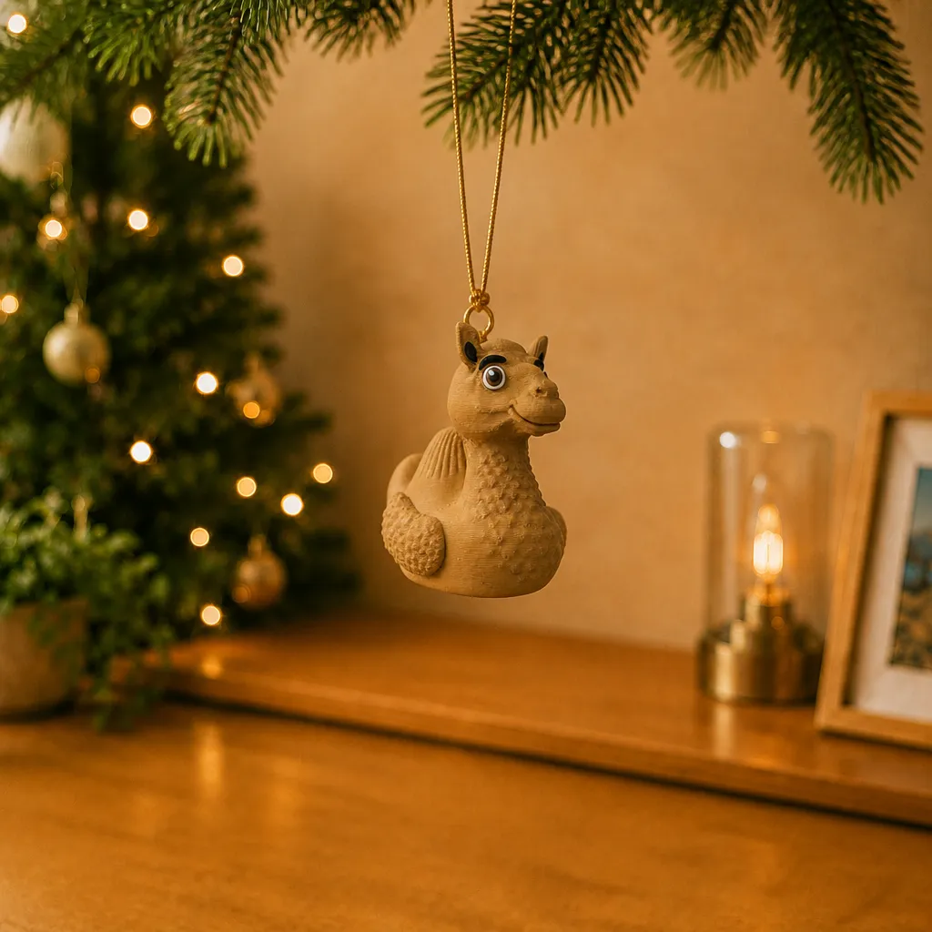 Kameel-eend die aan een goudkleurig koord hangt voor een verlichte kerstboom, met een oogje boven op de kop.
