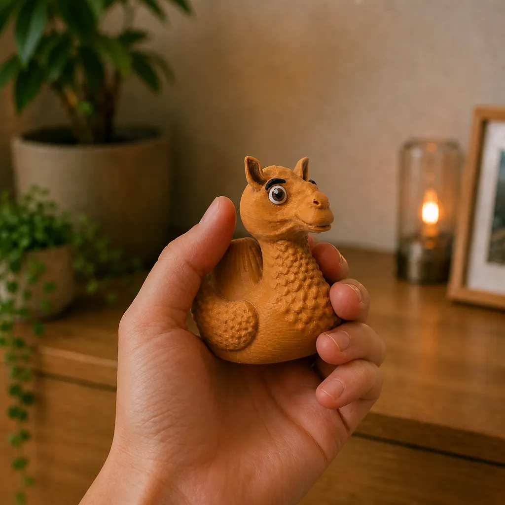 Hand die een caramelkleurige kameel-eend vasthoudt, met zichtbaar reliëf op de borst en vleugels.