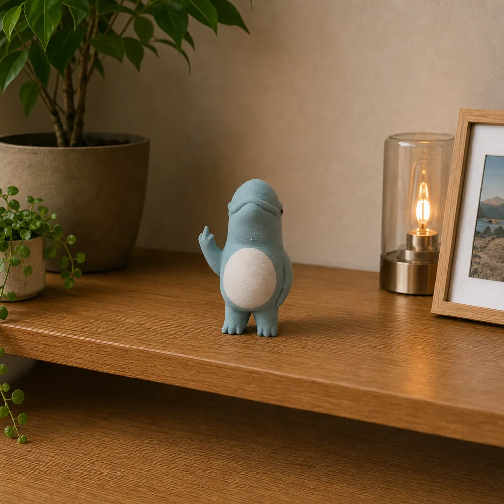 Kleine dolfijn met opgestoken vin als plankstuk op een houten wandplank naast een lamp en planten.