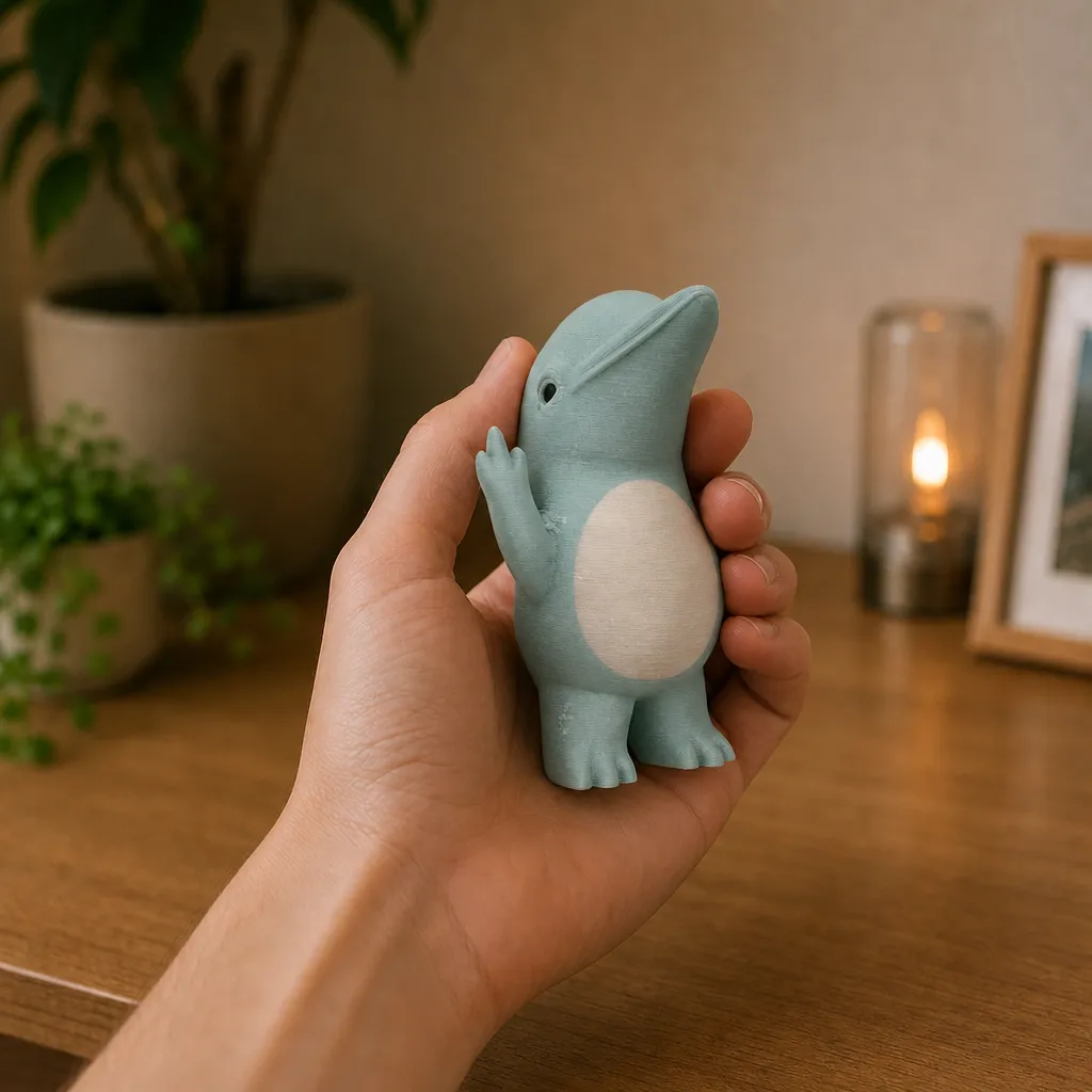 Lichtblauwe dolfijn met witte buik en opgestoken vin, vastgehouden in een hand voor schaalindruk.