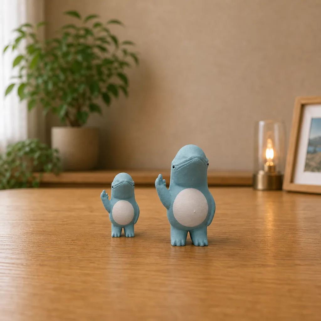 Twee dolfijn bureaufiguren met witte buik staan naast elkaar op een houten tafel, waarbij de rechter groter is.