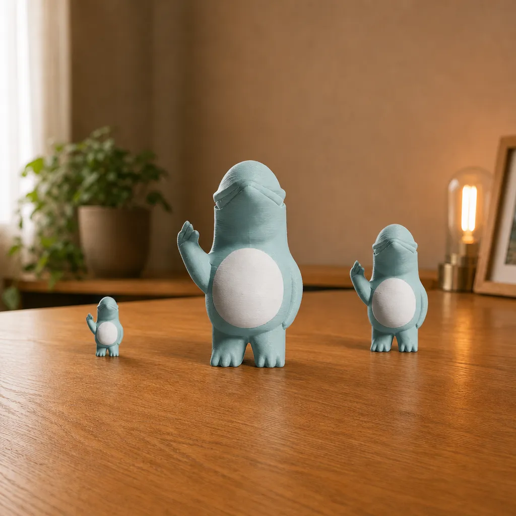 Drie dolfijnfiguren met opgestoken vin en witte buik staan op een bureau, met de grootste in het midden.