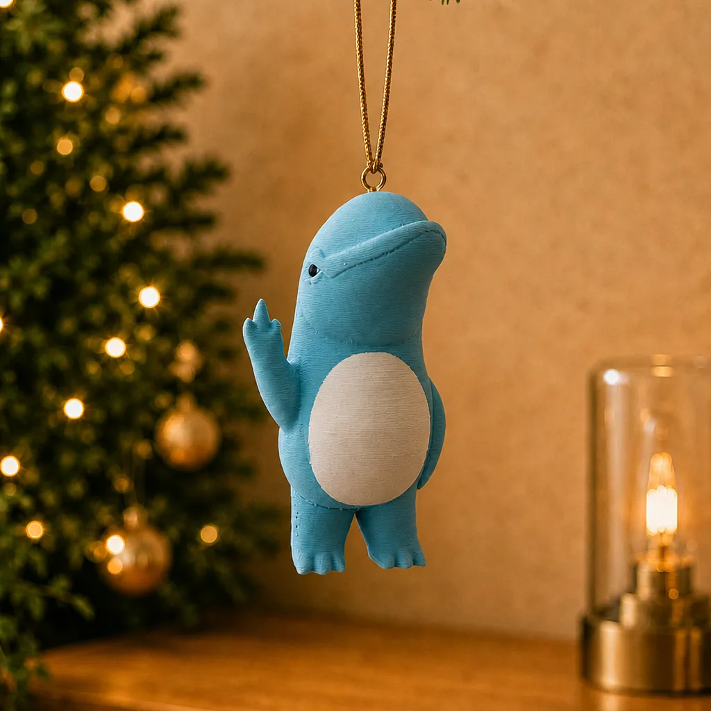 Dolfijn met attitude met witte buik hangt aan een gouden koord voor een verlichte kerstboom.
