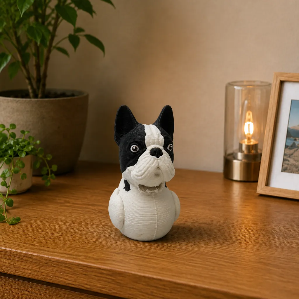 Wit en chocolade Frans bulldog-eendfiguurtje recht van voren op een houten bureau, met planten en lamp op de achtergrond.