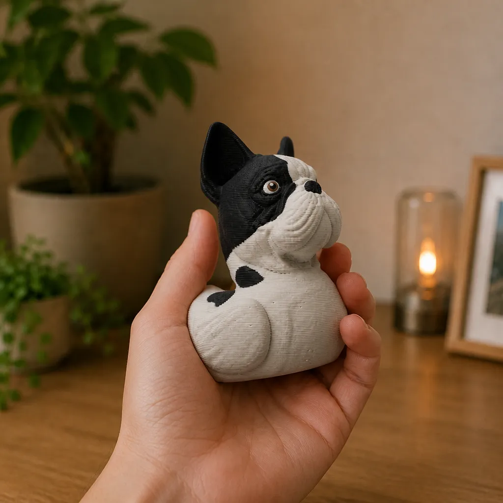 Franse bulldog met eendenlijfje in wit en chocolade, schuin van opzij in een hand gehouden.