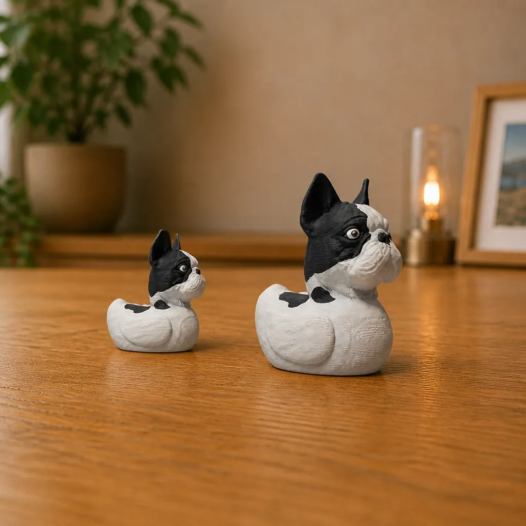 Twee witte en chocolade Franse bulldog-eendfiguurtjes van verschillende grootte, naast elkaar op een houten bureau.